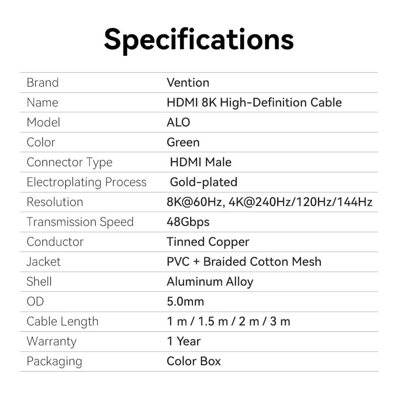 Vention Cotton Braided Ultra Thin HDMI™-A Male to Male HD Cable 8K  Green Aluminum Alloy Type - Image 16
