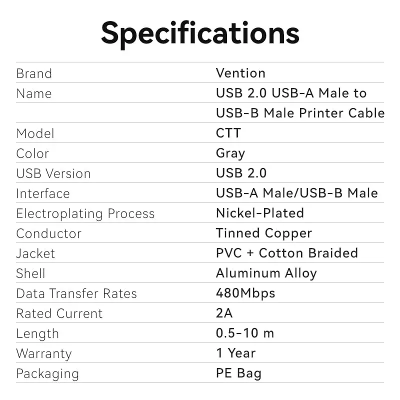 Vention USB 2.0 Type-A Male to Type-B Male Printer Cable - Image 10