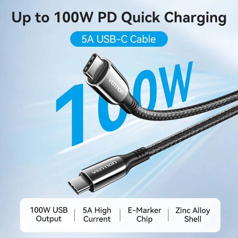 Vention Cotton Braided USB 2.0 C Male to C Male 5A Cable Zinc Alloy Type - Image 2