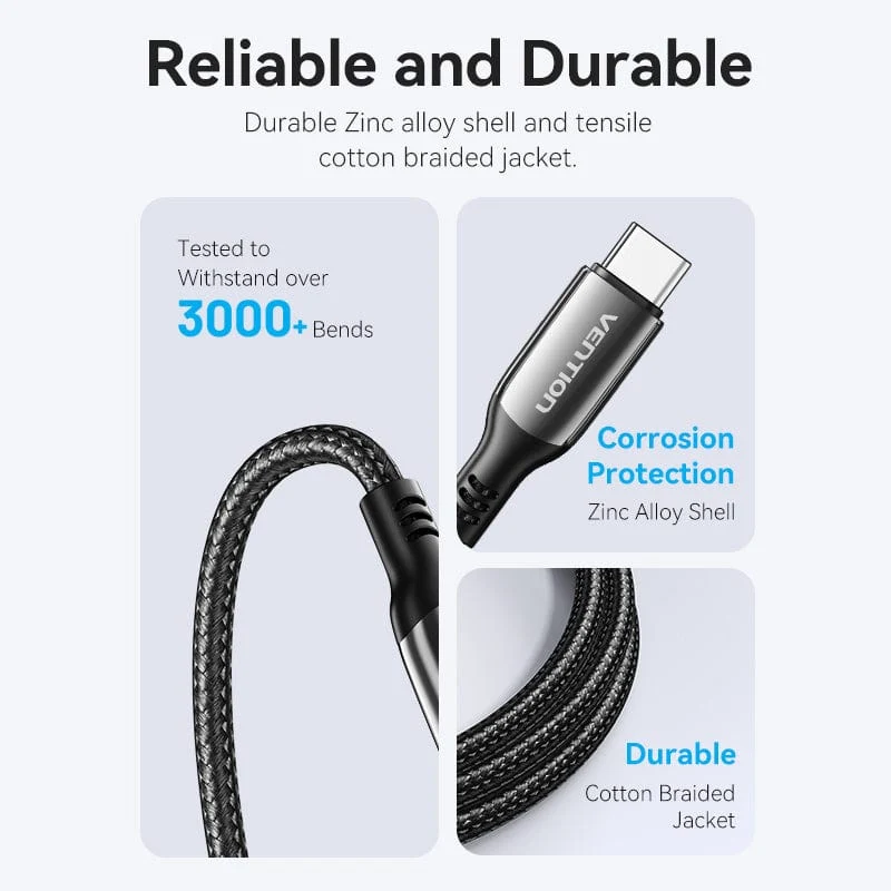 Vention Cotton Braided USB 2.0 C Male to C Male 5A Cable Zinc Alloy Type - Image 8