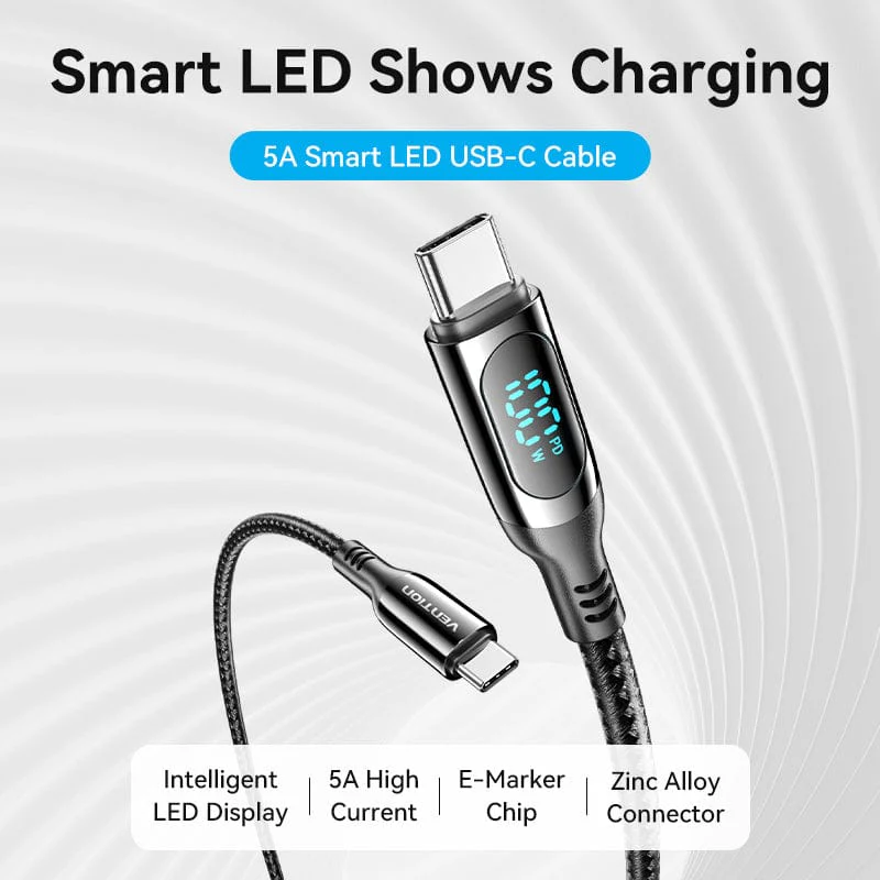 Vention Cotton Braided USB 2.0 C Male to C Male 5A Cable With LED Display Zinc Alloy Type - Image 2