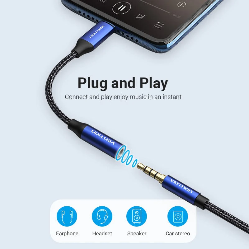 Cotton Braided USB-C Male to 3.5mm Female Audio Cable(DAC) 0.1M Blue Aluminum Alloy Type - Image 9