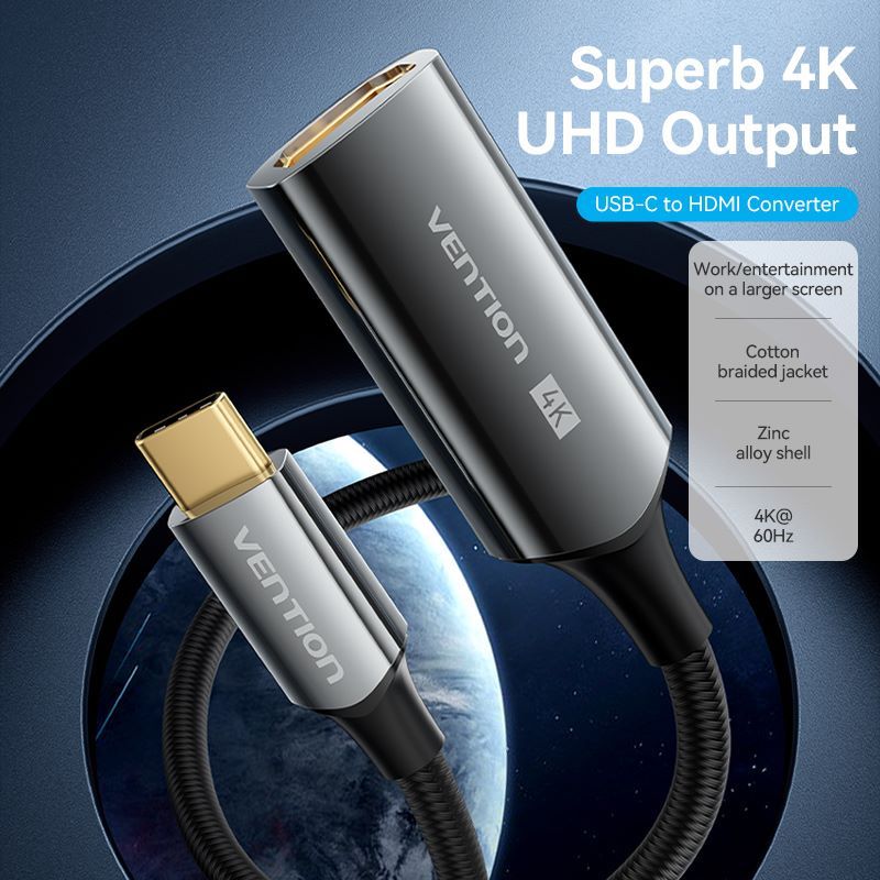 Vention Cotton Braided USB-C to HDMI™ 4K Converter 0.25M Black Zinc Alloy Type - Image 2