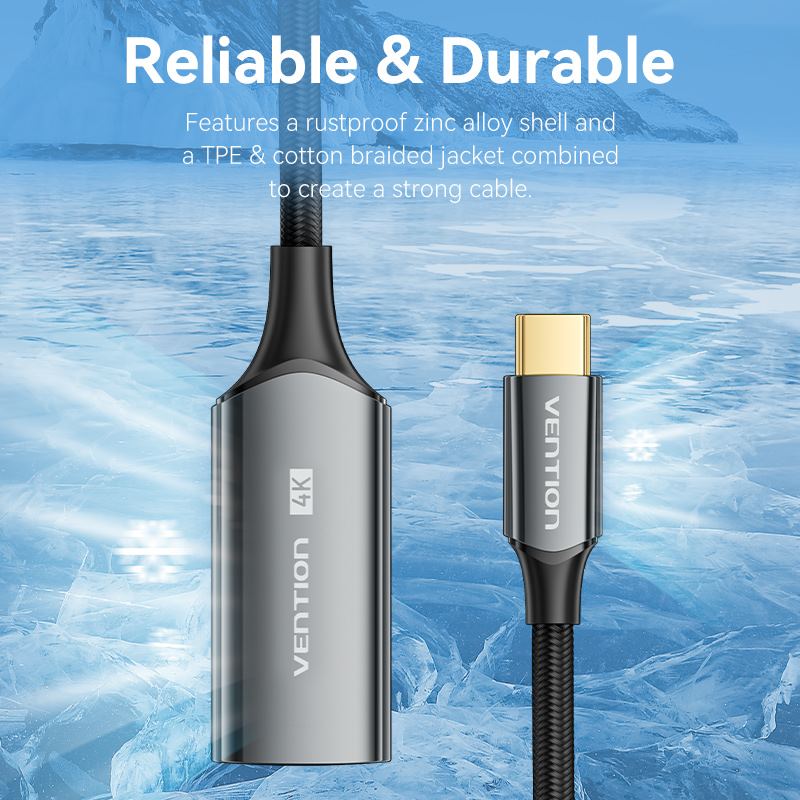 Vention Cotton Braided USB-C to HDMI™ 4K Converter 0.25M Black Zinc Alloy Type - Image 3