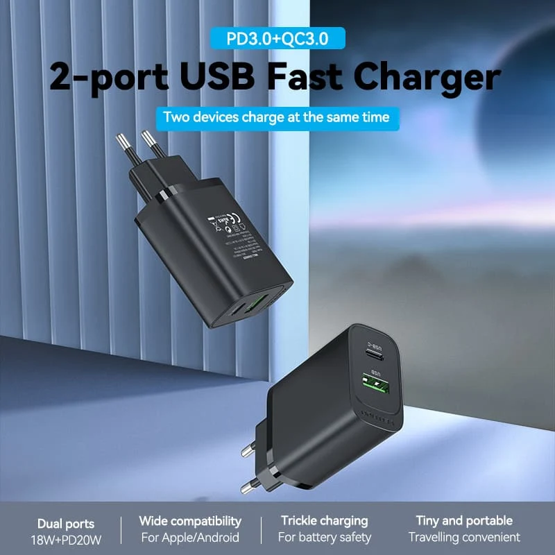 Vention 2-port USB(A+C) Wall Charger (18W+20W) EU-Plug Black - Image 2
