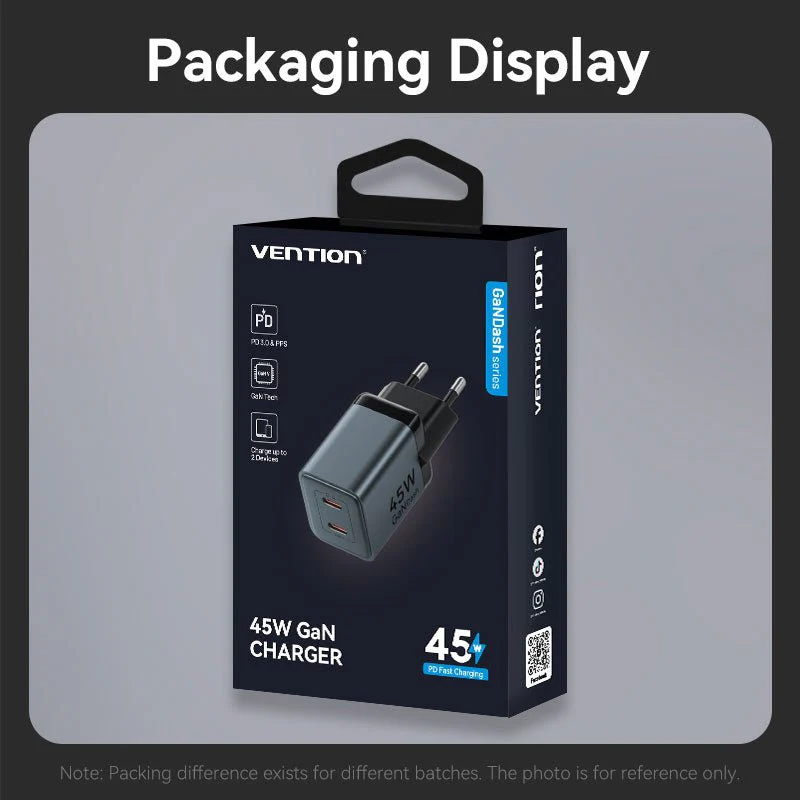 Vention 2-Port USB (C + C) GaN Charger (45W/45W) EU-Plug Gray - Image 14