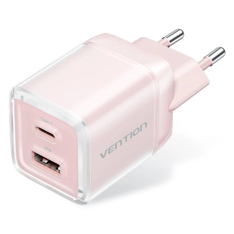 Vention 2-Port USB (C + A) GaN Charger (70W/22.5W) EU-Plug Transparent Gray - Image 2