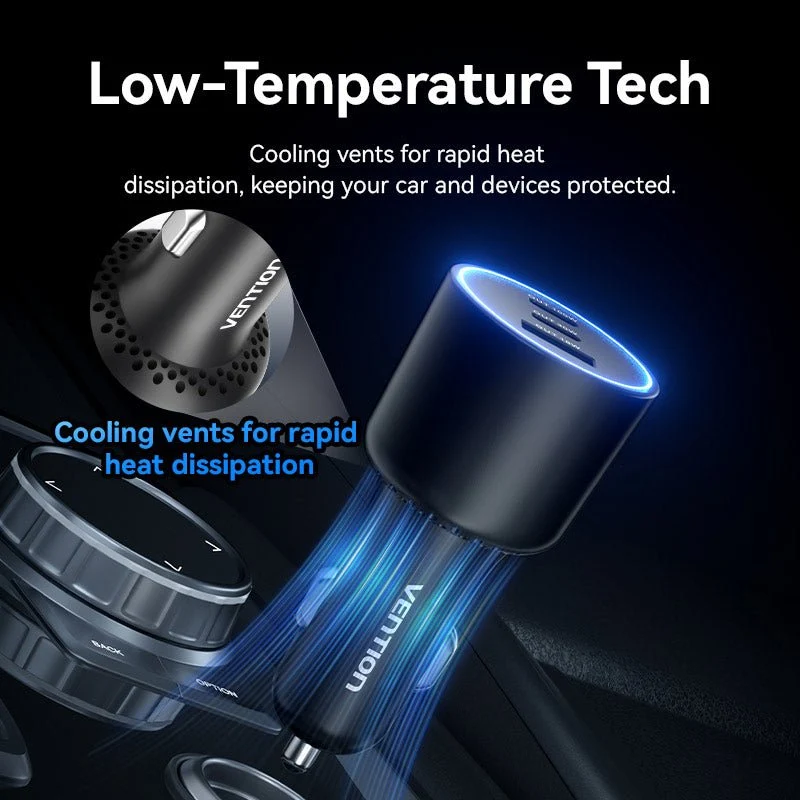 Vention Three-Port USB C+C+A (100W+30W+18W) Car Charger Black ABS Type - Image 8