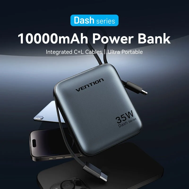 Vention 10000mAh Mini Power Bank (USB-C + USB-C/Lightning) with Built-in USB-C and Lightning Cables 35W Gray - Image 2