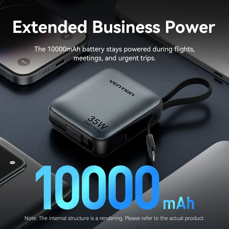 Vention 10000mAh Mini Power Bank (USB-C + USB-C/Lightning) with Built-in USB-C and Lightning Cables 35W Gray - Image 9