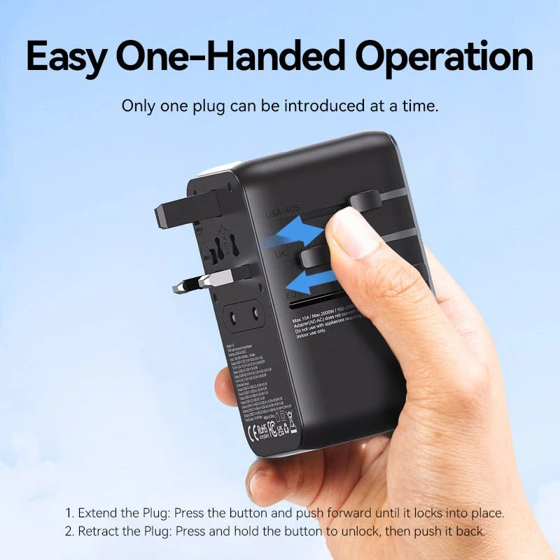 Vention 3-Port USB (C + A + A) GaN Universal Travel Adapter (65W/60W/5W) with Built-in USB-C Cable Black - Image 14