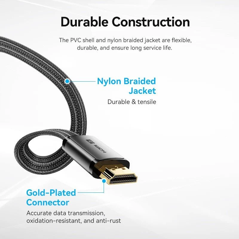 Vention Flat Nylon Braided HDMI™-A Male to Male 8K HD Cable 2M Black - Image 3