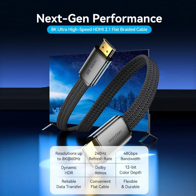 Vention Flat Nylon Braided HDMI™-A Male to Male 8K HD Cable 2M Black - Image 5