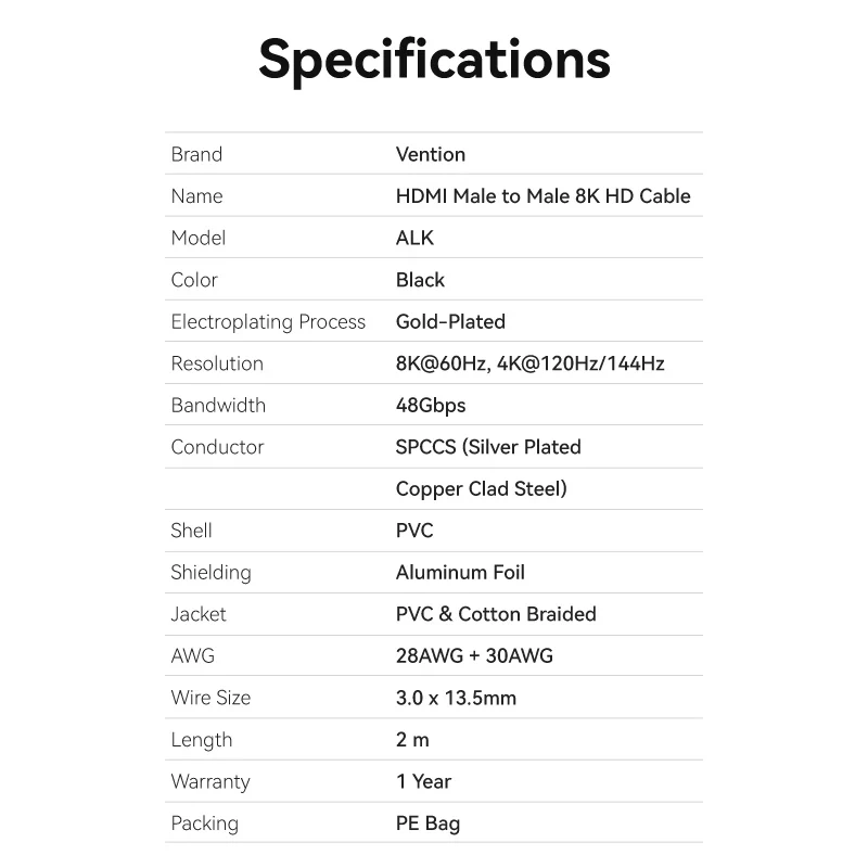 Vention Flat Nylon Braided HDMI™-A Male to Male 8K HD Cable 2M Black - Image 8