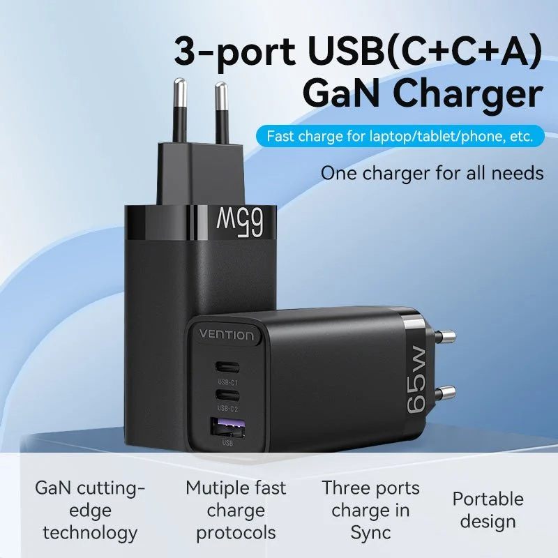 Vention 3-Port USB(C+C+A) GaN Charger(65W/30W/30W) EU-Plug - Image 3