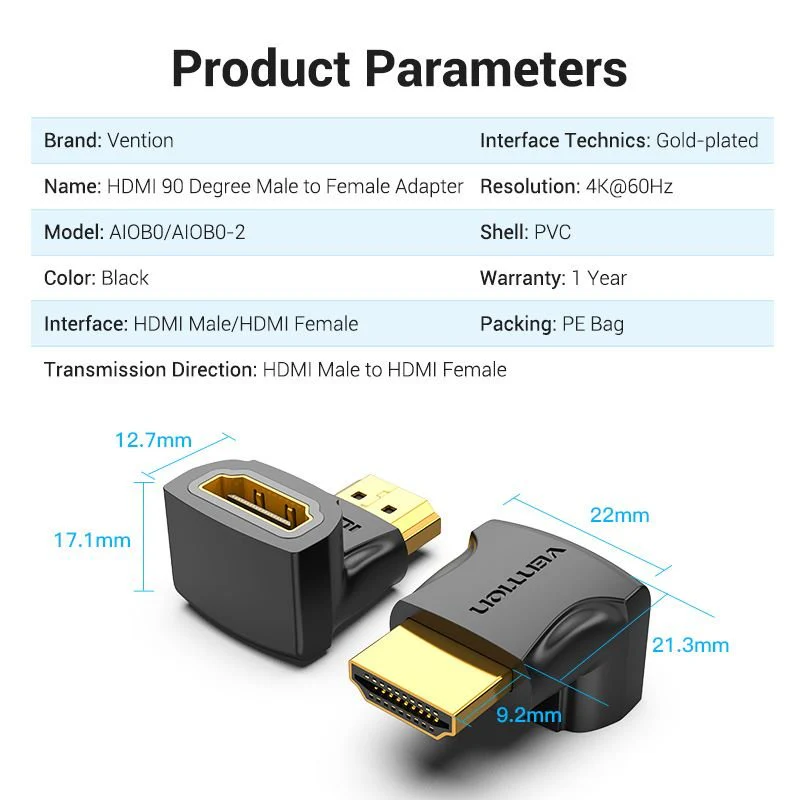 Vention HDMI™ 90 Degree Male to Female Adapter Black - Image 11