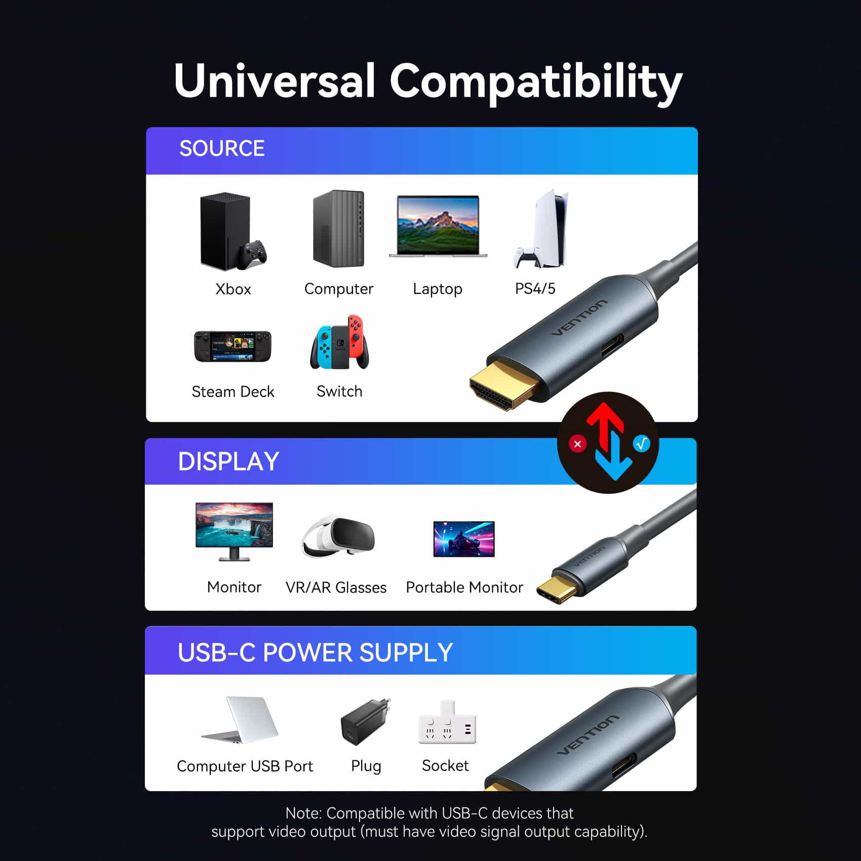 Vention HDMI  Male to USB-C Male 4K HD Cable with Power Supply  Gray Metal Type - Image 10