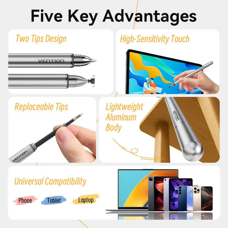 Vention 2-in-1 Stylus Pen Gray Aluminum Alloy Type - Image 3