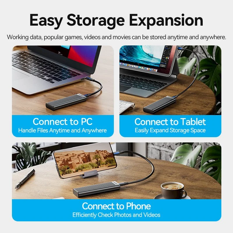 Vention M.2 NVMe & SATA SSD Enclosure (USB 3.2 Gen 2-C) with Heat Sink Gray Aluminum Alloy Type - Image 10