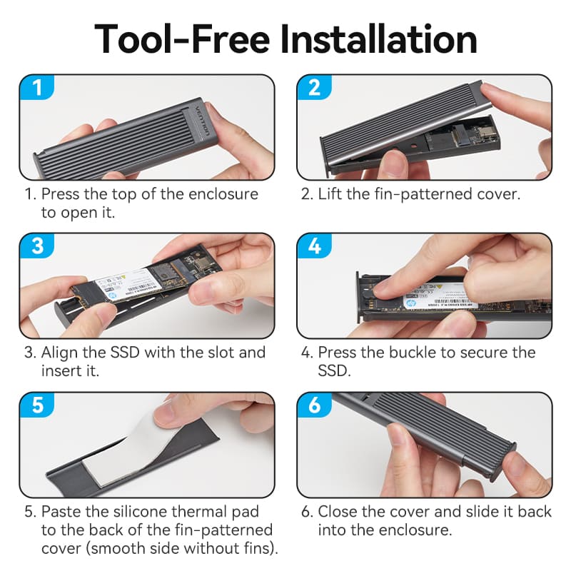 Vention M.2 NVMe & SATA SSD Enclosure (USB 3.2 Gen 2-C) with Heat Sink Gray Aluminum Alloy Type - Image 11
