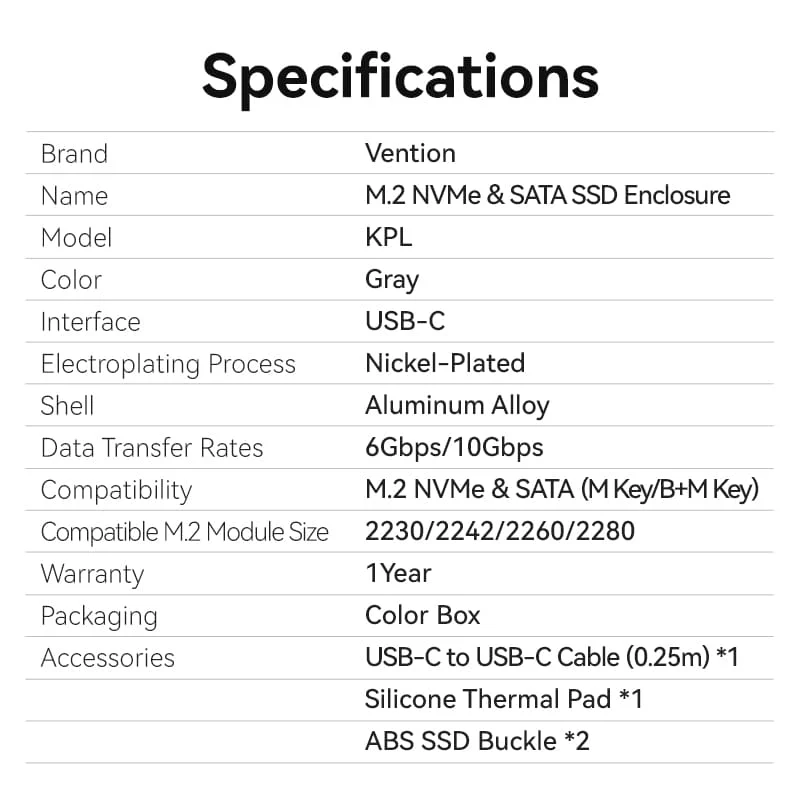 Vention M.2 NVMe & SATA SSD Enclosure (USB 3.2 Gen 2-C) with Heat Sink Gray Aluminum Alloy Type - Image 12