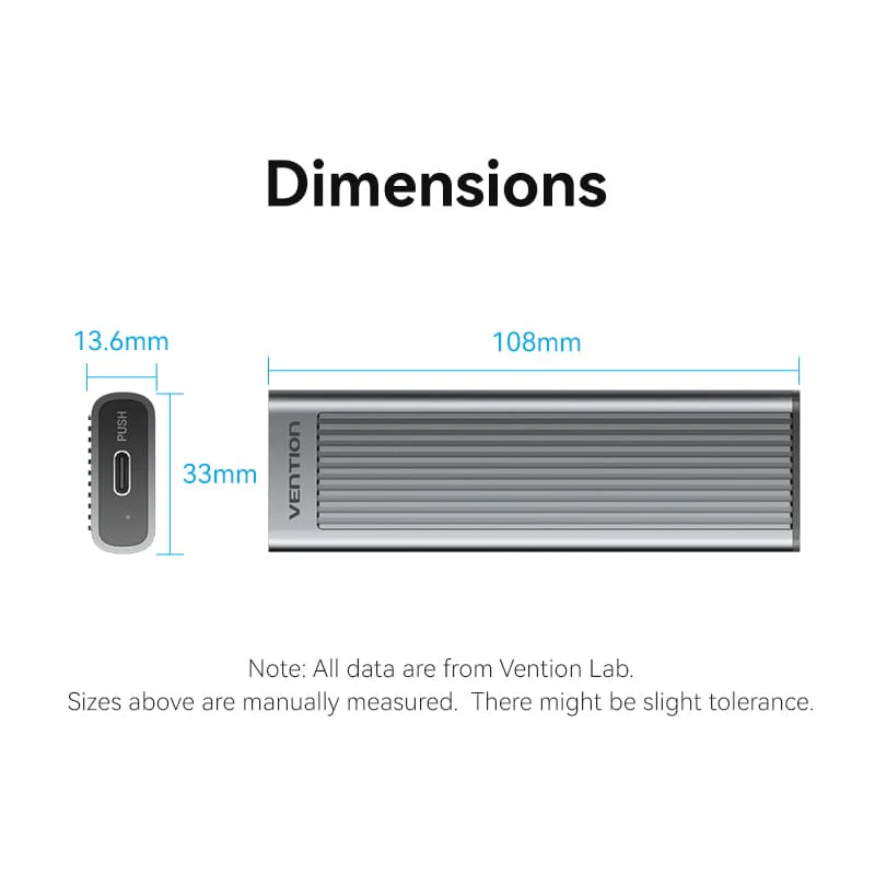 Vention M.2 NVMe & SATA SSD Enclosure (USB 3.2 Gen 2-C) with Heat Sink Gray Aluminum Alloy Type - Image 13