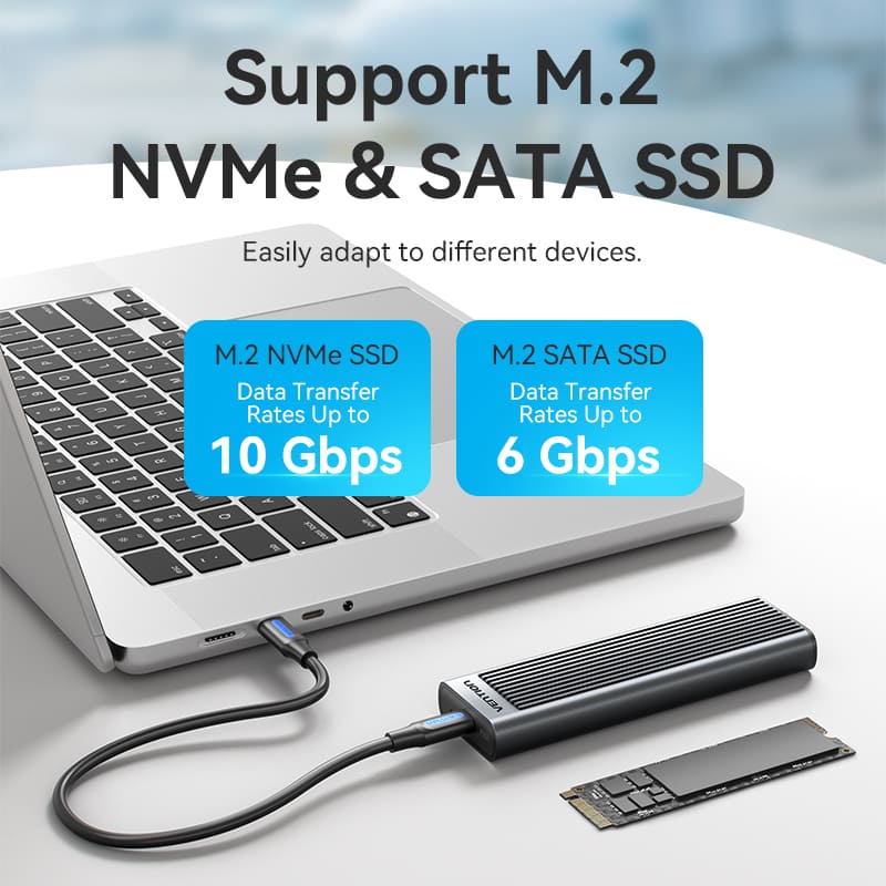 Vention M.2 NVMe & SATA SSD Enclosure (USB 3.2 Gen 2-C) with Heat Sink Gray Aluminum Alloy Type - Image 3