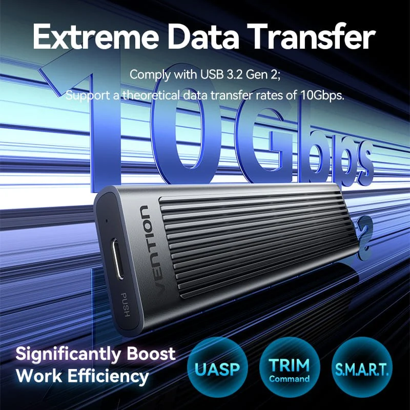Vention M.2 NVMe & SATA SSD Enclosure (USB 3.2 Gen 2-C) with Heat Sink Gray Aluminum Alloy Type - Image 4
