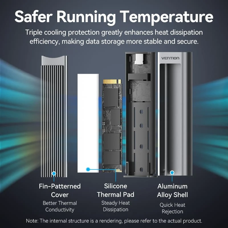Vention M.2 NVMe & SATA SSD Enclosure (USB 3.2 Gen 2-C) with Heat Sink Gray Aluminum Alloy Type - Image 5