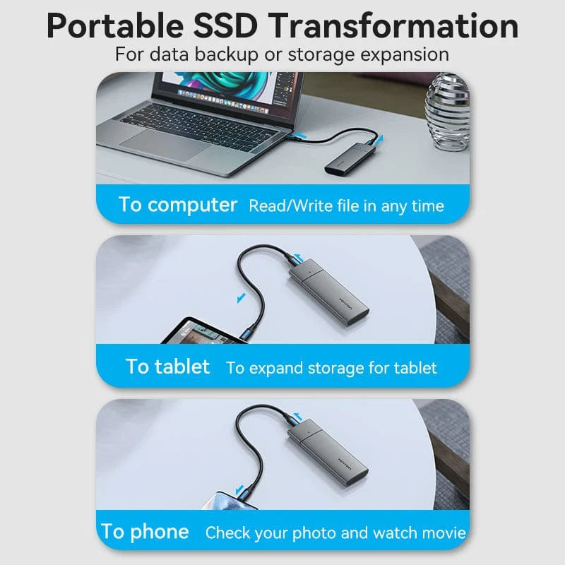 Vention M.2 NVMe SSD Enclosure (USB 3.1 Gen 2-C) Gray Aluminum Alloy Type - Image 4