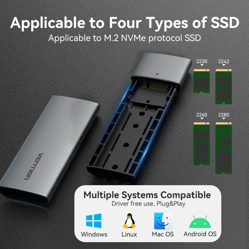 Vention M.2 NVMe SSD Enclosure (USB 3.1 Gen 2-C) Gray Aluminum Alloy Type - Image 5