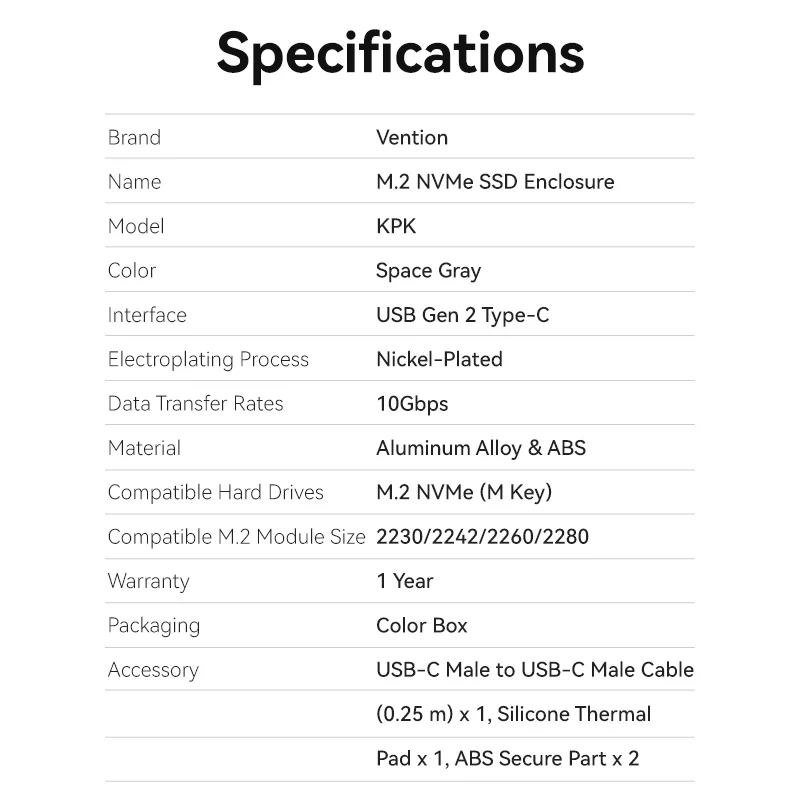 Vention M.2 NVMe SSD Enclosure (USB 3.1 Gen 2-C) with Heat Sink Gray Aluminum Alloy Type - Image 11