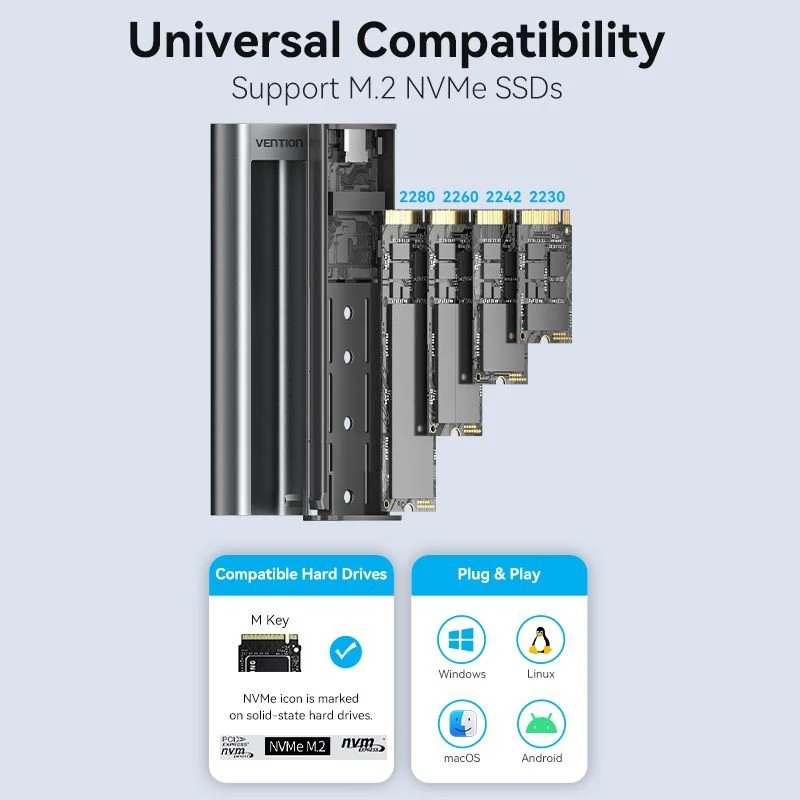 Vention M.2 NVMe SSD Enclosure (USB 3.1 Gen 2-C) with Heat Sink Gray Aluminum Alloy Type - Image 7