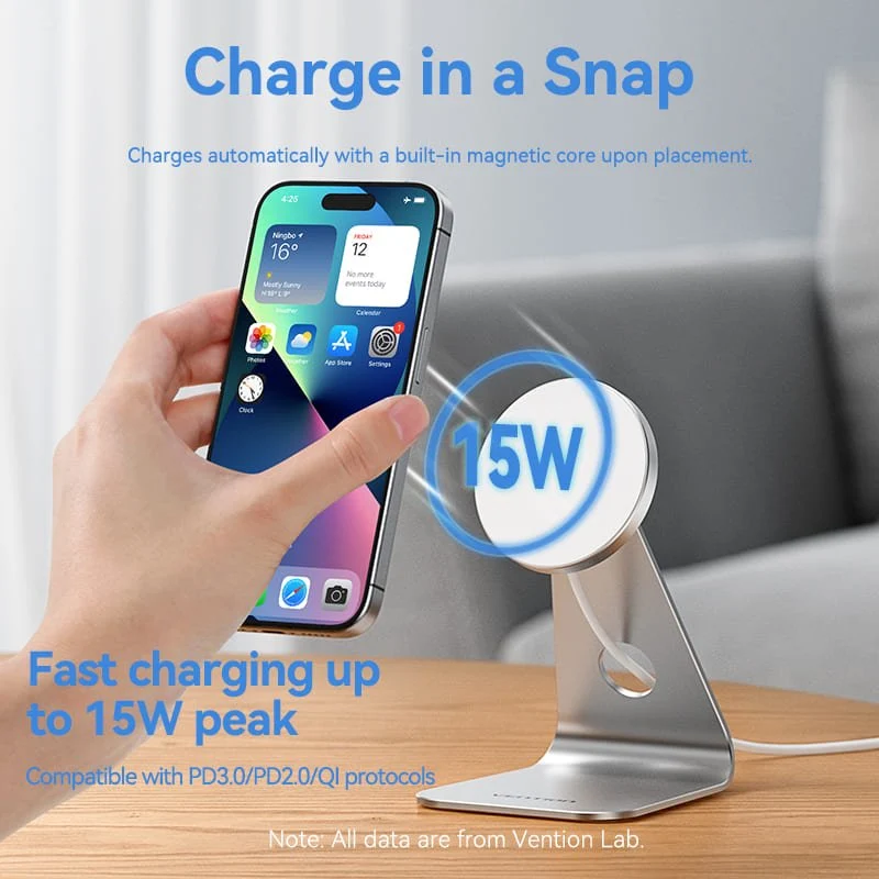 Vention 15W Magnetic Wireless Charger Stand with MagSafe 1M Silver - Image 4