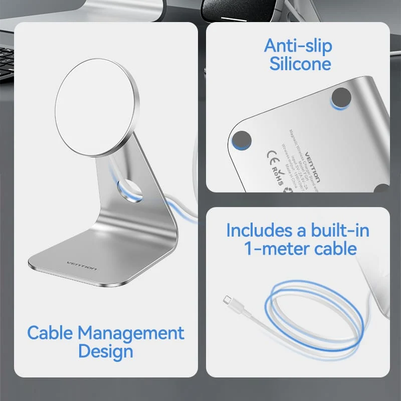 Vention 15W Magnetic Wireless Charger Stand with MagSafe 1M Silver - Image 9