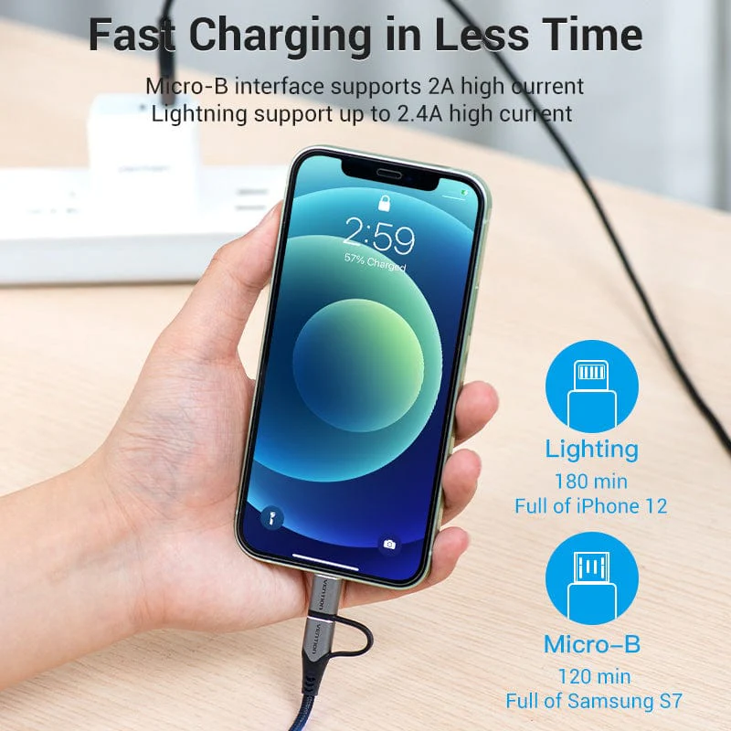 Vention USB 2.0 A Male to 2-in-1 Micro-B&Lightning Male Cable  Aluminum Alloy Type - Image 3