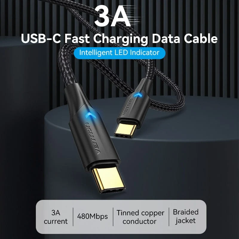 Vention Nylon Braided USB 2.0 C Male to C Male 3A Cable LED Type - Image 2