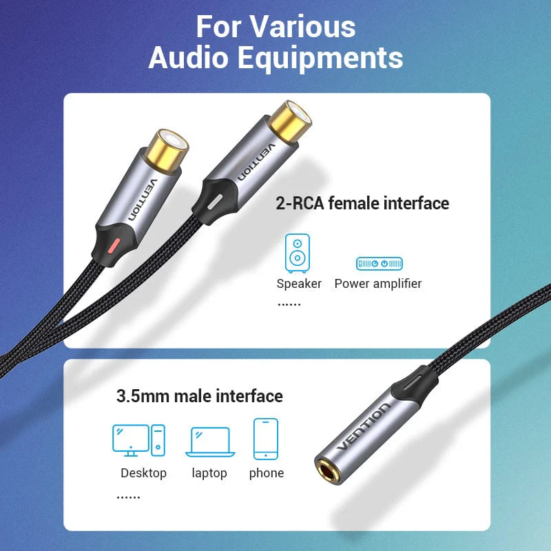 Vention RCA Cable 3.5 Jack to 2 RCA Splitter Female to Female Jack 3.5 mm RCA Connecter for Amplifiers Speaker Tablet AUX Cable - Image 5