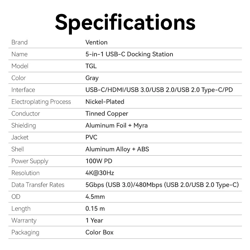 Vention USB-C to HDMI™ + USB 3.0 + USB 2.0 + USB 2.0 Type-C + PD Docking Station - Image 11