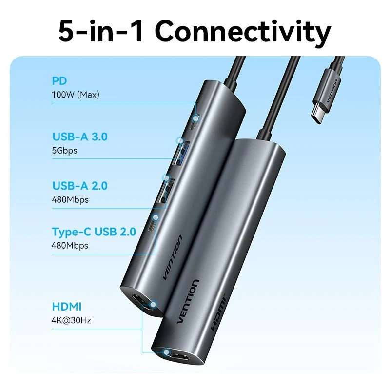 Vention USB-C to HDMI™ + USB 3.0 + USB 2.0 + USB 2.0 Type-C + PD Docking Station - Image 3
