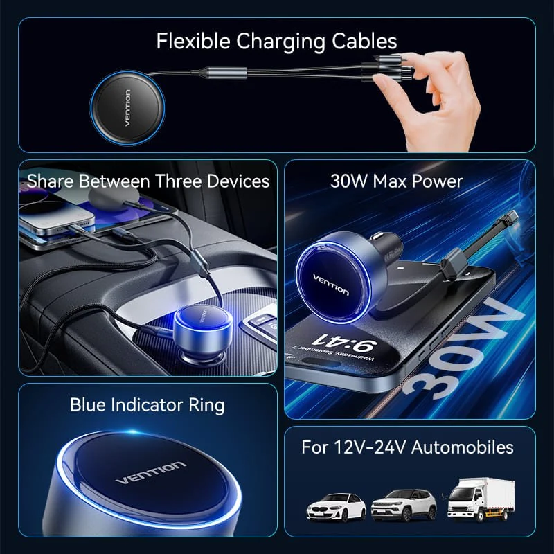 Vention Car Charger with Built-In Cable - Image 3