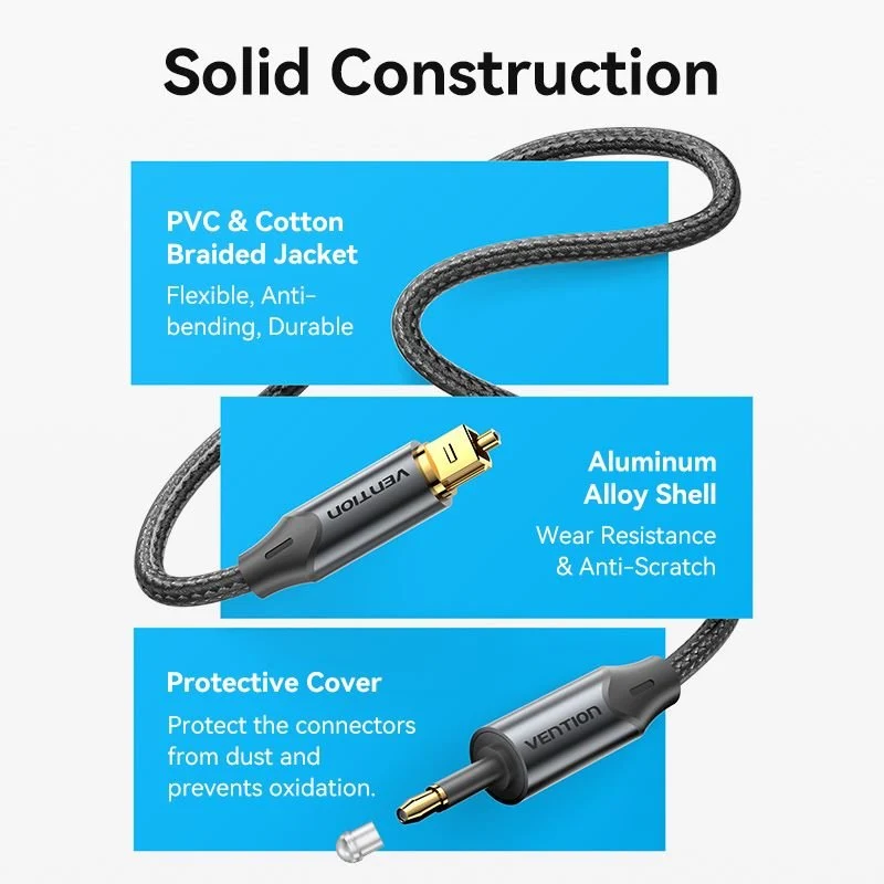 Vention Toslink to Mini Toslink Optical Audio Cable 0.5/1/1.5/2/3/5/10M Black Aluminum Alloy Type - Image 9