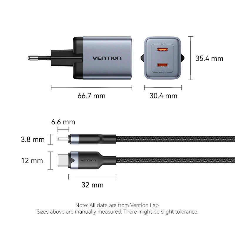 Vention 2-Port USB (C + C) GaN Charger (45W/45W) Gray with USB-C to USB-C Cable (1M) Black EU-Plug - Image 13