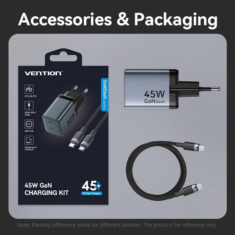 Vention 2-Port USB (C + C) GaN Charger (45W/45W) Gray with USB-C to USB-C Cable (1M) Black EU-Plug - Image 14