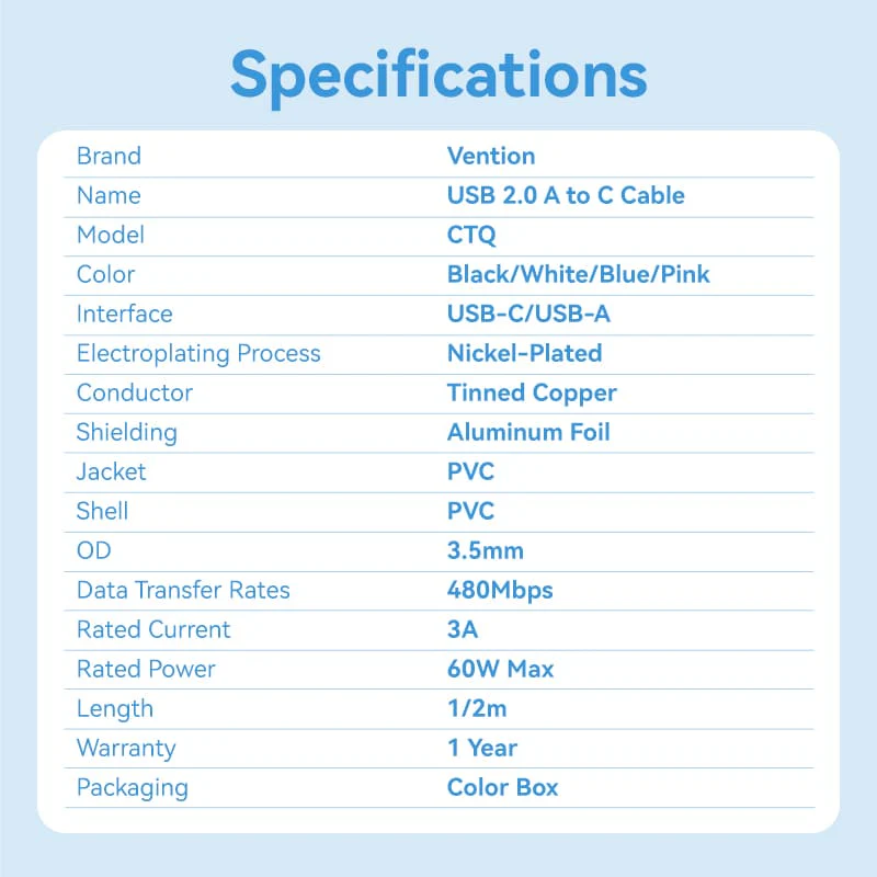 Vention USB 2.0 A Male to C Male 3A Cable PVC Type - Image 14