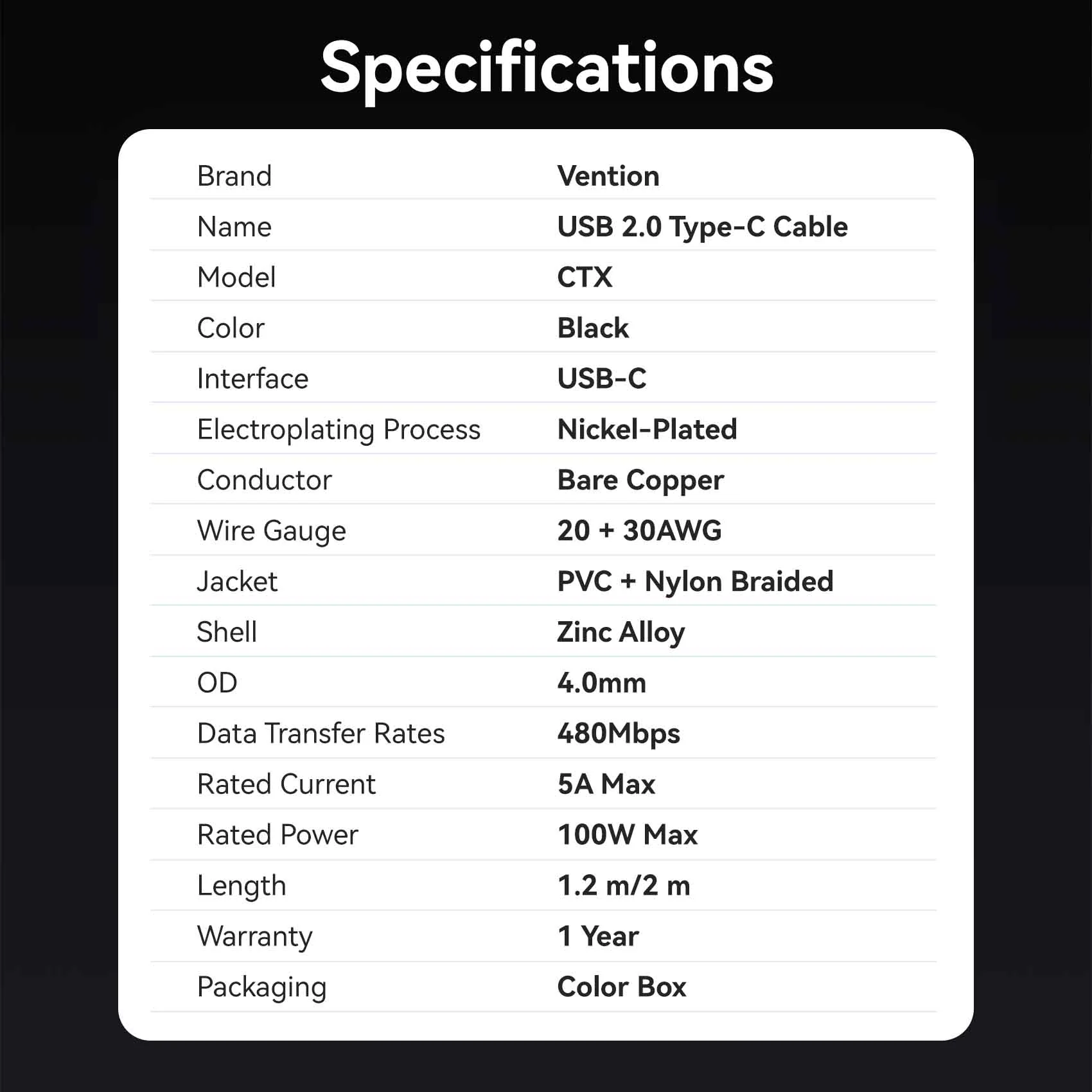 Vention USB 2.0 C Male to C Male 5A Cable - Image 12