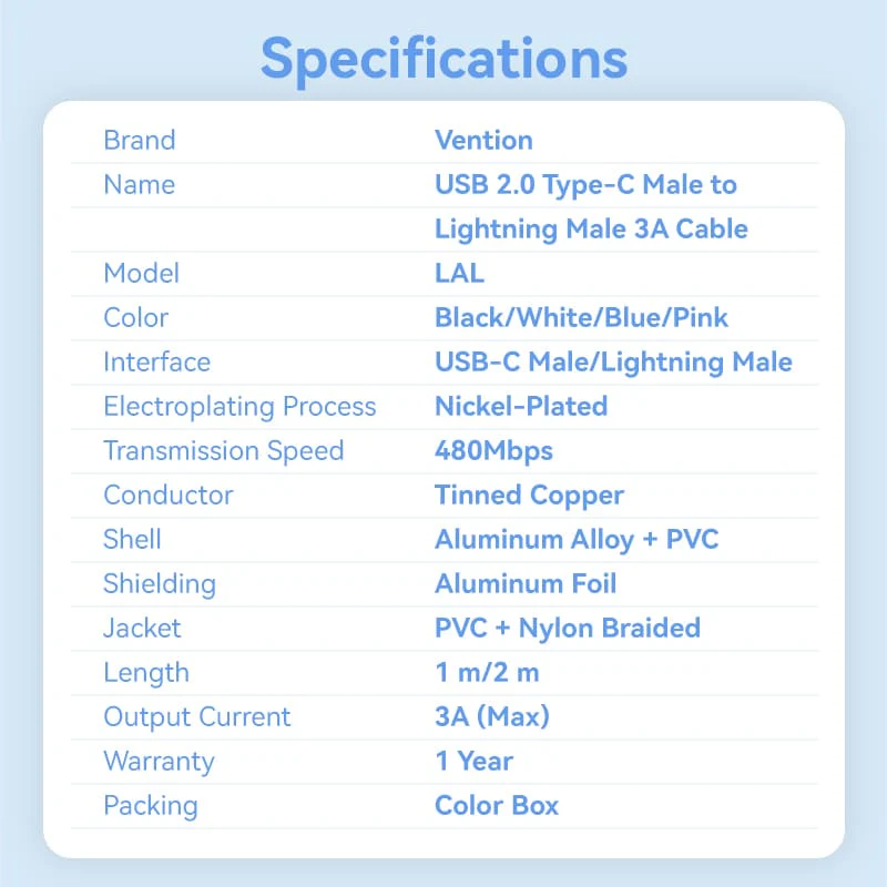Vention USB 2.0 Type-C Male to Lightning Male 3A Cable Aluminum Alloy Type - Image 18