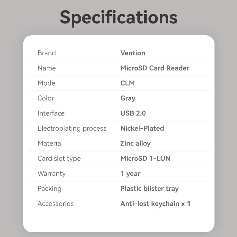 Vention USB 2.0 Type-C MicroSD Card Reader Gray Zinc Alloy Type - Image 10