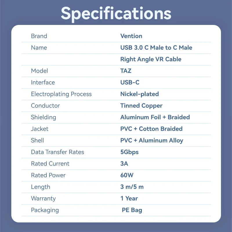 Vention USB 3.0 C Male to C Male Right Angle VR Cable Aluminum Alloy Type - Image 12