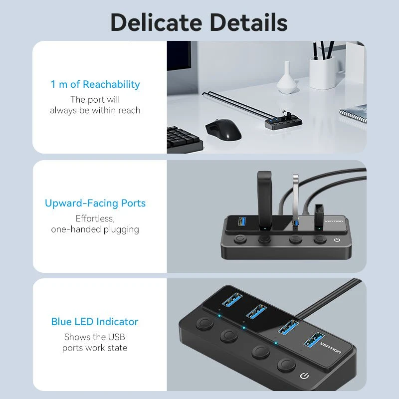 Vention 5-in-1 USB 3.0 Hub with Individual Power Switches - Image 2